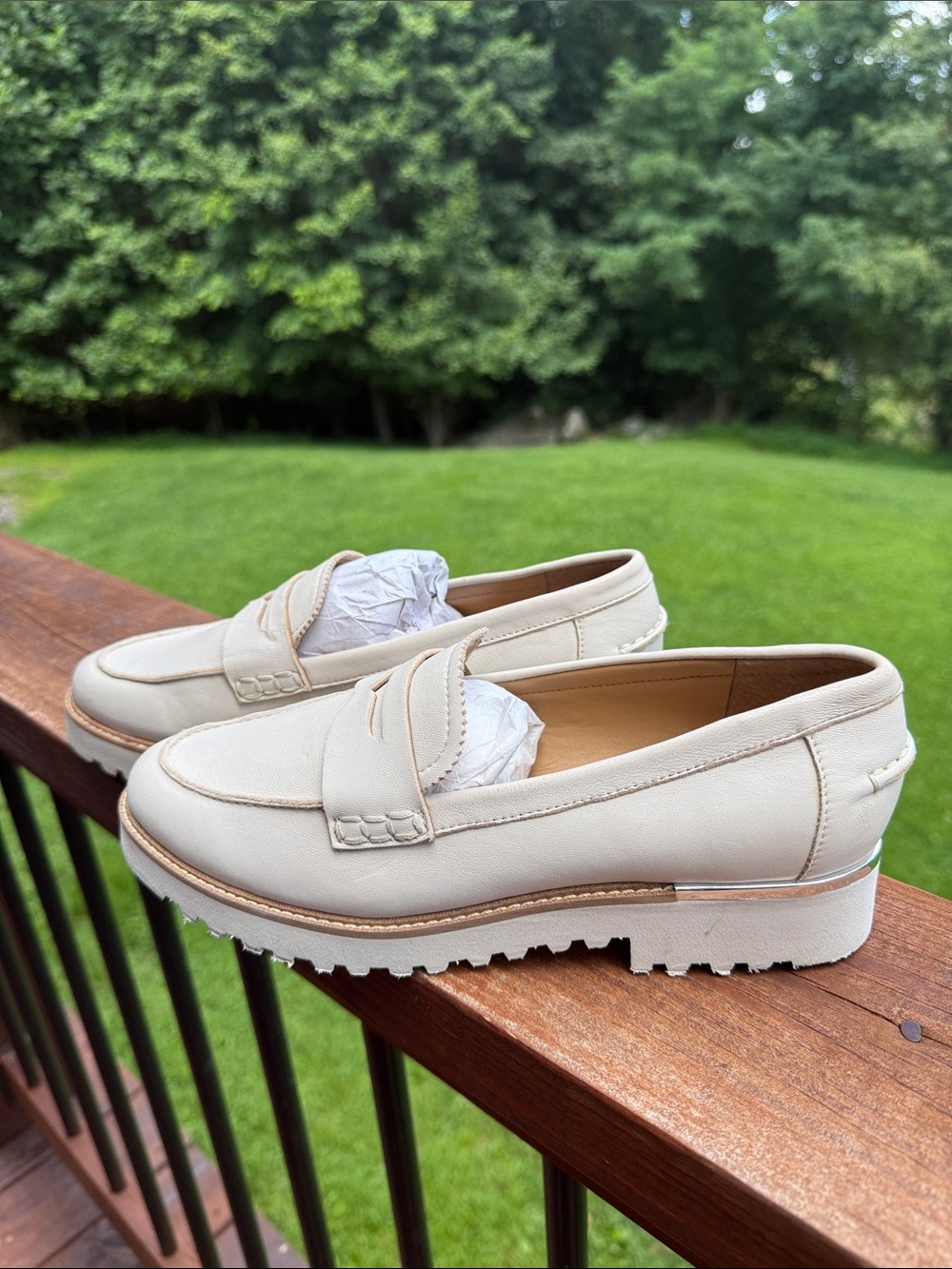Franco Sarto Cream Leather Penny Loafers with Lug Sole